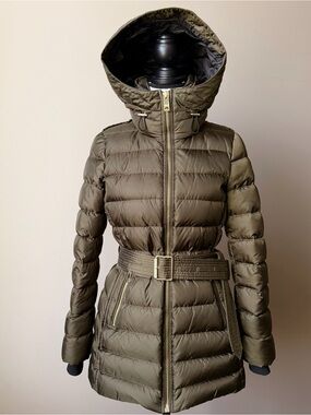 Burberry Limefield Hooded Belted Puffer Coat - Dark Olive Green